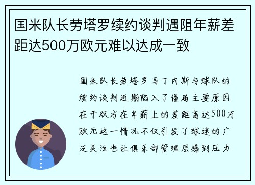 国米队长劳塔罗续约谈判遇阻年薪差距达500万欧元难以达成一致