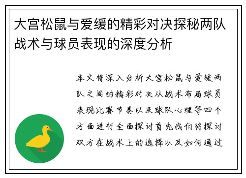 大宫松鼠与爱缓的精彩对决探秘两队战术与球员表现的深度分析