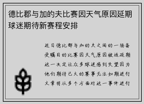 德比郡与加的夫比赛因天气原因延期球迷期待新赛程安排